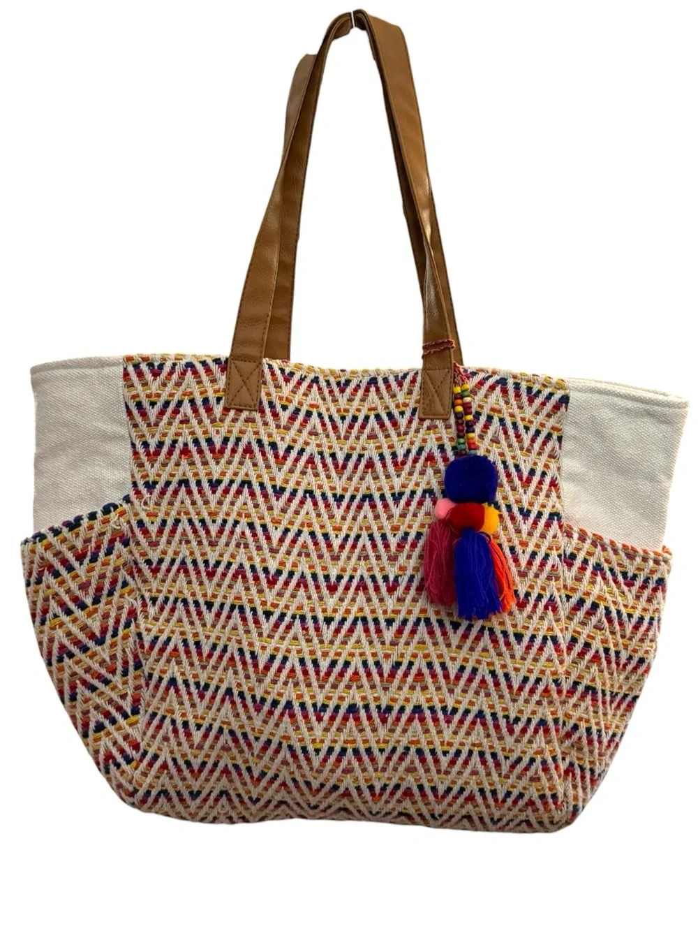 Boho Multicolor Woven Oversized Tote Bag Pom Pom Tassel Coastal Resort
